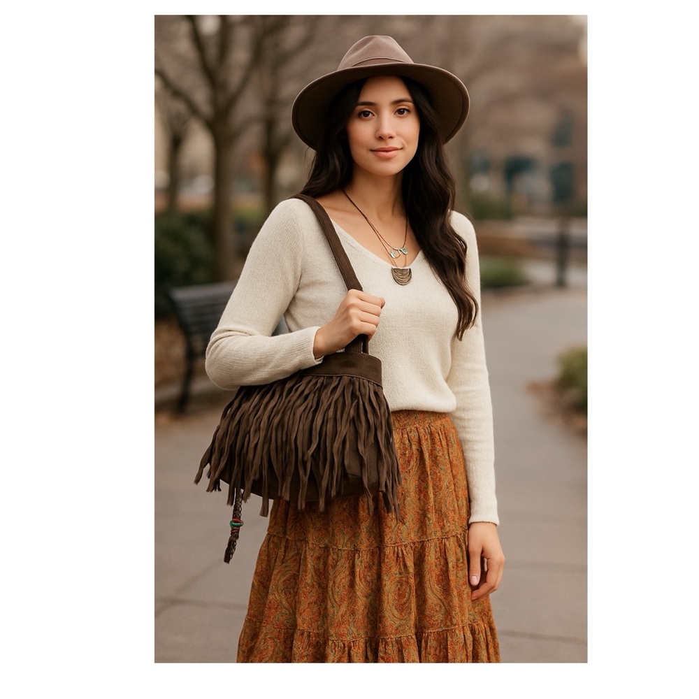 BaGamunda Made in Italy Brown Suede Genuine Leather Fringe Shoulder Bag Purse